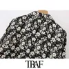 TRAF Kobiety Chic Moda Floral Print Ruffled Mini Dress Vintage Lapel Collar Z Długim Rękawem Kobiet Sukienki Vestidos Mujer 210415