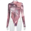 CNYISHE Long Sleeve Turtleneck Skinny Bodysuit Spring Women Overalls Sexy Tie Dye Print Romper Female Jumpsuits 210715