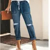 Dames jeans plus size gescheurde vrouwen recht drawstring mode casual straat hipster gewassen midden taille veerbroek lugentolo dames