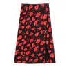 Retro France Style Hem Split Mujer Midi Falda CHIC Cintura alta Cremallera trasera Estampado floral rojo Faldas negras 210429