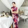 Etnisk Kläder Satin Print Elegant Kinesisk Klänning Sexig Slim Side Split CheongSams Vintage Oriental Party Formell Kappa Kortärmad Klassisk Qi