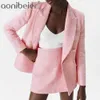 Roze getextureerde blazer lente herfst lange mouw dubbele breasted vrouwen rechte pak jas kantoor dame gekerfde jassen 210604