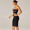 Spring Fashion Black Women Bodycon повязка набор Sexy без бретелек алмаз без спинки короткие вершины и юбка 2 две части 210527