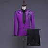 Purple Diamond Design Stand Collar 3 Pieds White Tuxedo Suit Men Men de mariage Mélange Hoss With Pantal