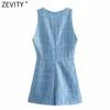 Zevity Women Fashion VネックノースリーブツイードウールプレイスーツオフィスレディバックジッパースリムシャムシックショーツロンパースP1010 210603