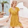 Kvinnor Klänning Sommar Casual Ruffle V-Neck Sundresses Monterad Everyday Mini Kort Elegant Klänning Hög midja Gul Klänningar Kläder 210521