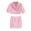 Foridol rosa zweiteiliges Set sexy Crop Top Schlitzrock Sets schicke Streetwear Herbst passende Sets Knopf Vintage Outfits für Frauen 210415