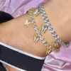Fashion Alloy Butterfly anklet 4mm Rhinestone Tennis Chain Foot Chain iced out leg link Beach Anklet Butterfly Barefoot Chain