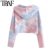 TRAF Women Fashion Tie-dye Print Zip-up Cropped Sweatshirts Vintage Hooded Long Sleeve Female Outerwear Chic Tops 210910