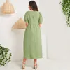 Casual Dresses Summer Midi Dress Women 2022 Green Vintage French Palazoo Style fyrkantig hals puffy kort￤rmad bottons Slim Sweet Long Long