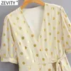 Vrouwen Vintage Cross V-hals Polka Dots Gilden Boog Tie Midi Jurk Femme Chic Puff Sleeve Zomer Wrap Kimono Vestido DS8170 210416