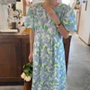 Ezgaga Coreano Chic Summer New Floral Midi Dress Donna Puff Manica corta Allentato Vita alta New Fashion Vintage Abiti 210430