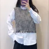 Elegant Tweed Patchwork Women Blouse Tassel Design Långärmad Ruffled Collar Shirts Sweet Prepy Style Kvinna Casual Chic Toppar 210430