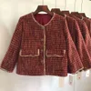Outono inverno vintage tweed jaqueta casaco mulheres pequena fragrância xadrez tecer coreano casacos de lã fêmea outerwear 210514