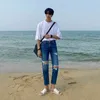 IEFB Summer Holed Jeans Mäns Koreanska Fashion Straight Loose Ankel-Length Pants Fashion Casual Trend Streetwaer Denim Trousers 210524