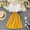 Neploe French Sweet Puff Sleeve Patchwork Kvinna Robe Square Collar Pleated Women Dress Office Lady Slim A Line Chic Vestidos Y0823