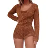 Automne Hiver Teddy En Peluche Femmes Combishorts Casual O Cou À Manches Longues Mince Combinaisons Courtes Dames Chaud Doux Moulante Fourrure Barboteuses 210526