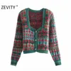 Zevity Women Vintage Square Collar Flower Print Jacquard Knitting Sweater Female Long Sleeve Chic Cardigans Coat Tops S652 210806