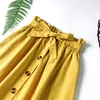 Summer Women Skirts Elegant Single-breasted Elastic High Waist Solid Casual Bow Tie A-Line Knee-Length Skirt Lady 210514