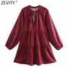 Women Sweet V Neck Lace Up Print Pleats Mini Dress Female Long Sleeve Casual Chic Vestido Ladies Clothing DS4958 210420