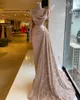 Long Evening Dresses 2021 Sexy Sheer Lace indian style Long Sleeve High Neck Dusty Pink Dubai Women Formal prom Party Gowns