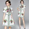 Women Casual Summer Dress Lady Vintage High quality Floral Printed short Sleeve Bow Mini party Vestidos 210529