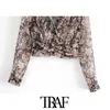 TRAF Women Fashion Metallic Thread Floral Print bijgesneden blouses Vintage ELASTE ELASTE ZOM VROUWEN VROUWELIJKE SHIRTS CHICE TOPS 210415
