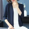 Basic Three Quarter Sleeve Bright Silk Cardigans Solid Color V-Neck Knitted Coat Female Large Size Casual Loose Women's Clothing 210522