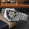 Mode Hohl Skeleton Uhr Männer Dreieckige Uhren Edelstahl Automatische Mechanische Förderung Preis Drop Armbanduhren