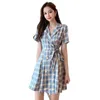 Fashion women mini dress summer temperament plaid suit skirt short sleeve for 210520