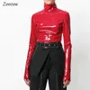 Mulheres Faux Patent Leather Turtleneck Tops de Manga Longa Camisa Zíper PVC Pullover Preto Vermelho Pu Roupas Custom 210805