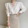 Korea Hollow Out Women Blouse with Lace Office Lady O Neck Shirts Female White Black Long Sleeve Women Blouse and Tops 12622 210518