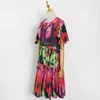 Casual Hit Color Dress For Women O Neck Short Sleeve High Waist Sashes Midi Dresses Females Summer Fashion 210520