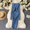 Women O Neck Stretchy Knitted Dress Autumn Winter Long sleeve Sweater Bodycon Dress Ladies Slim Knee-Length Party Vestidos 210521