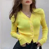 Gelbe dünne feste schicke All-Match-dünne Art und Weise kurze Sonnencreme-beiläufige Femme-Qualitäts-Pullover 210525