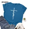 JFUNCY Lato Bawełna Kobiety T Shirt Plus Size Wiara List Christian Cross Drukuj Tee Top Krótki Rękaw Woman T-shirt Koszulka Kobieta Tshirt Y0629