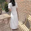 Кружева вылапывает белое вышитое цветочное платье женские моды французская элегантная высокая талия V-образным вырезом Vestidos 210520