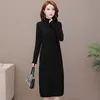 Casual Dresses 2021 Woman Long Sleeve Party Female Knitted Ankle-Length V-Neck Autumn Sweater Ladies Solid Color Clothing A24