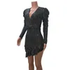 Casual Dresses 2022 Est Slim Sequin Elasticity Party Mini Dress Sequin Sexig Deep V-Neck Bubble Long Sleeve Ruffled Elegant Vintage