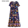 Czeski Barwiony Kwiatowy Druku Boho Dress V-Neck Ruffles Krótki Rękaw Summer Es Luźne Chic Kobiety Casual Maxi 210429