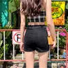 Mulheres Alto Cintura Skinny Botão Preto Blue Jeans Shorts Casual Feminino Slim Fit Color Sólido Denim 210430