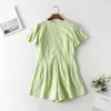 Casual Woman Green Puff Sleeve V Bawełna Bawełna Krótki Rompers Summer Chic Damie Sofper Romper Female Beach 210515