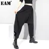 [EAM] Высокая эластичная талия черные короткие длинные широкие брюки ноги свободные брюки женские женщины мода весна осень 1DC422 210512