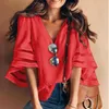 V Neck Flared Sleeves Mesh Patchwork Shirts Summer Plus Size Casual Loose Women Blouse Pink Street Womens Tops Blouses 5XL 210428