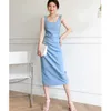 French Dress Lady Summer Thin Square Neck Fold Waist Office Elegant Sexy & Club Blue Midi Dresses Robe 210608