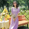 Mori menina verão mulheres midi vestido lace quadrado colarinho roxo xadrez elegante flare manga manga femininos vestidos 210520