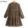 Vintage leopardo mini vestido mujeres encaje hasta v cuello manga larga casual gasa verano femenino más tamaño vestido corto 210514