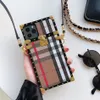 Premium Stylish Square Drop Proof PU Leather Phone Cases for iPhone 13 12 11 Pro Max XR XS X 8 7 6 Plus with Lanyard