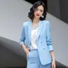 여성 비즈니스 정장 바지와 두 개의 2 조각 정장 세트 여성 한국 숙녀 사무실 작업 착용 바지 스위트 핑크 블루 210927