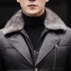 Mäns Läder Faux Vinter Mens Slim Fit Warm Sheepskin Down Jacket Overcoat Real Collar Genuine Business Man Outwear Coat